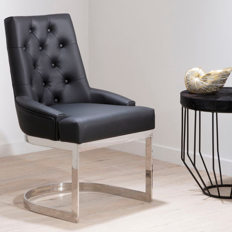 Orsina Azalea Tufted Black Faux Leather Dining Chair | Silver Base