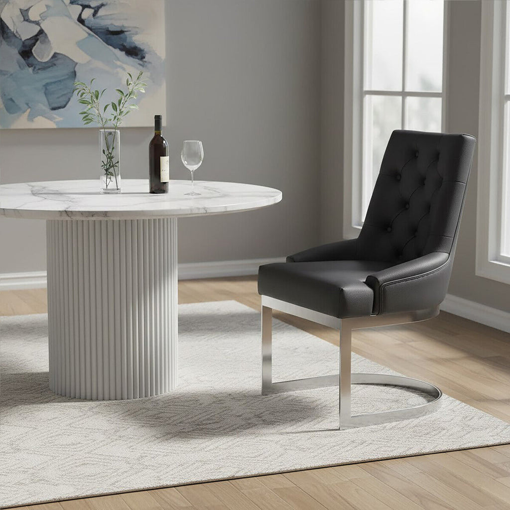 Orsina Azalea Tufted Black Faux Leather Dining Chair | Silver Base