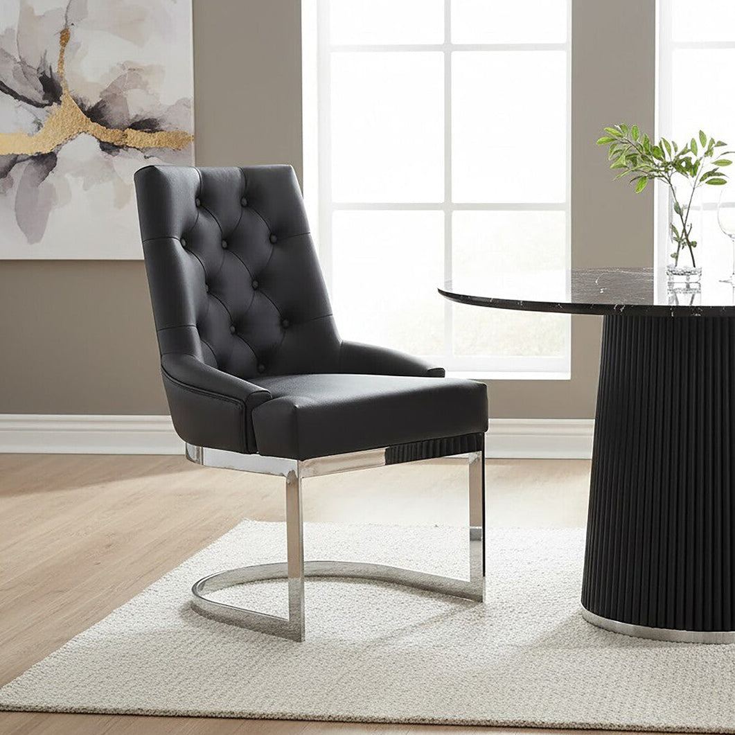 Orsina Azalea Tufted Black Faux Leather Dining Chair | Silver Base