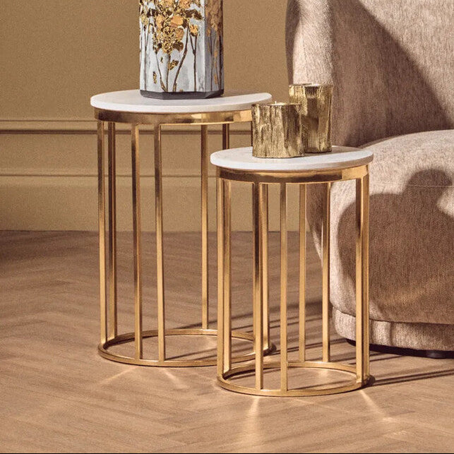Orsina Set of 2 Round White Marble and Gold Metal Nesting Side Tables