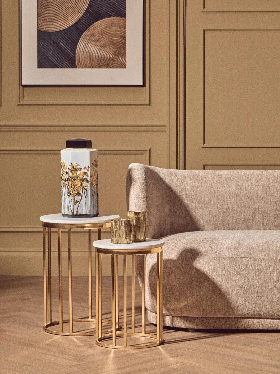 Orsina Set of 2 Round White Marble and Gold Metal Nesting Side Tables