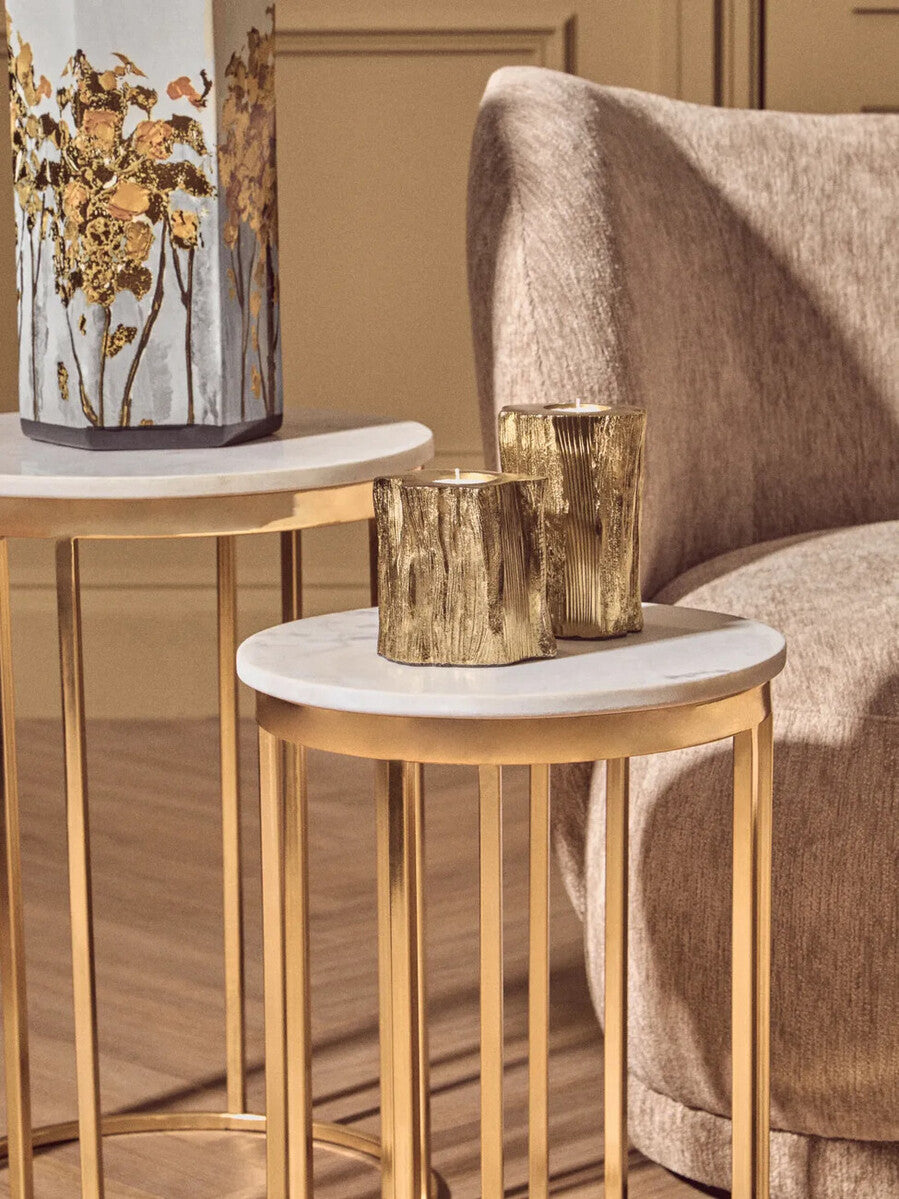Orsina Set of 2 Round White Marble and Gold Metal Nesting Side Tables