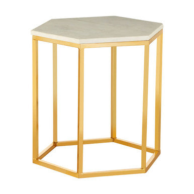 Orsina Templar Hexagonal Side Table – White Marble and Gold Metal