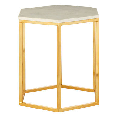 Orsina Templar Hexagonal Side Table – White Marble and Gold Metal