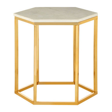 Orsina Templar Hexagonal Side Table – White Marble and Gold Metal