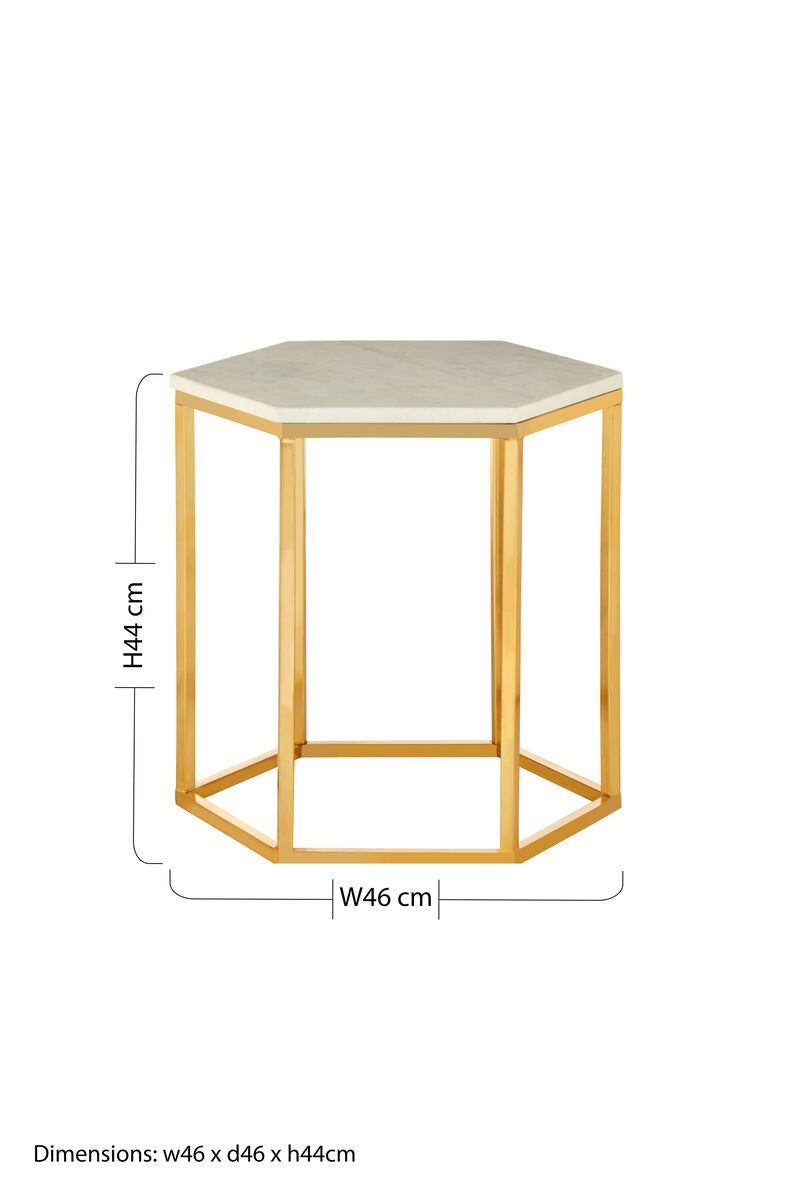 Orsina Templar Hexagonal Side Table – White Marble and Gold Metal