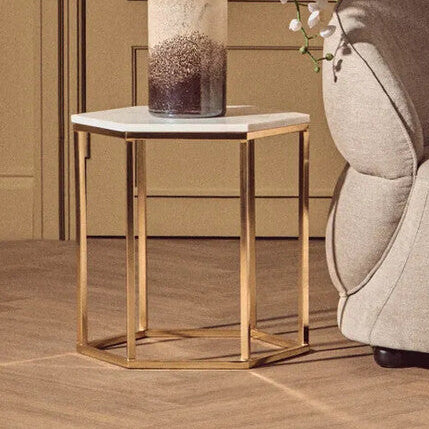 Orsina Templar Hexagonal Side Table – White Marble and Gold Metal