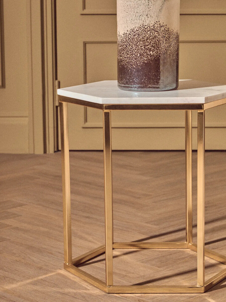 Orsina Templar Hexagonal Side Table – White Marble and Gold Metal
