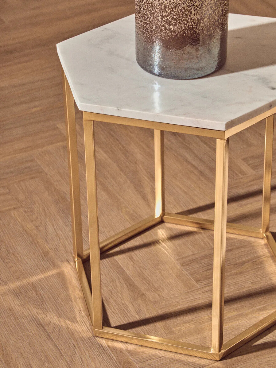 Orsina Templar Hexagonal Side Table – White Marble and Gold Metal