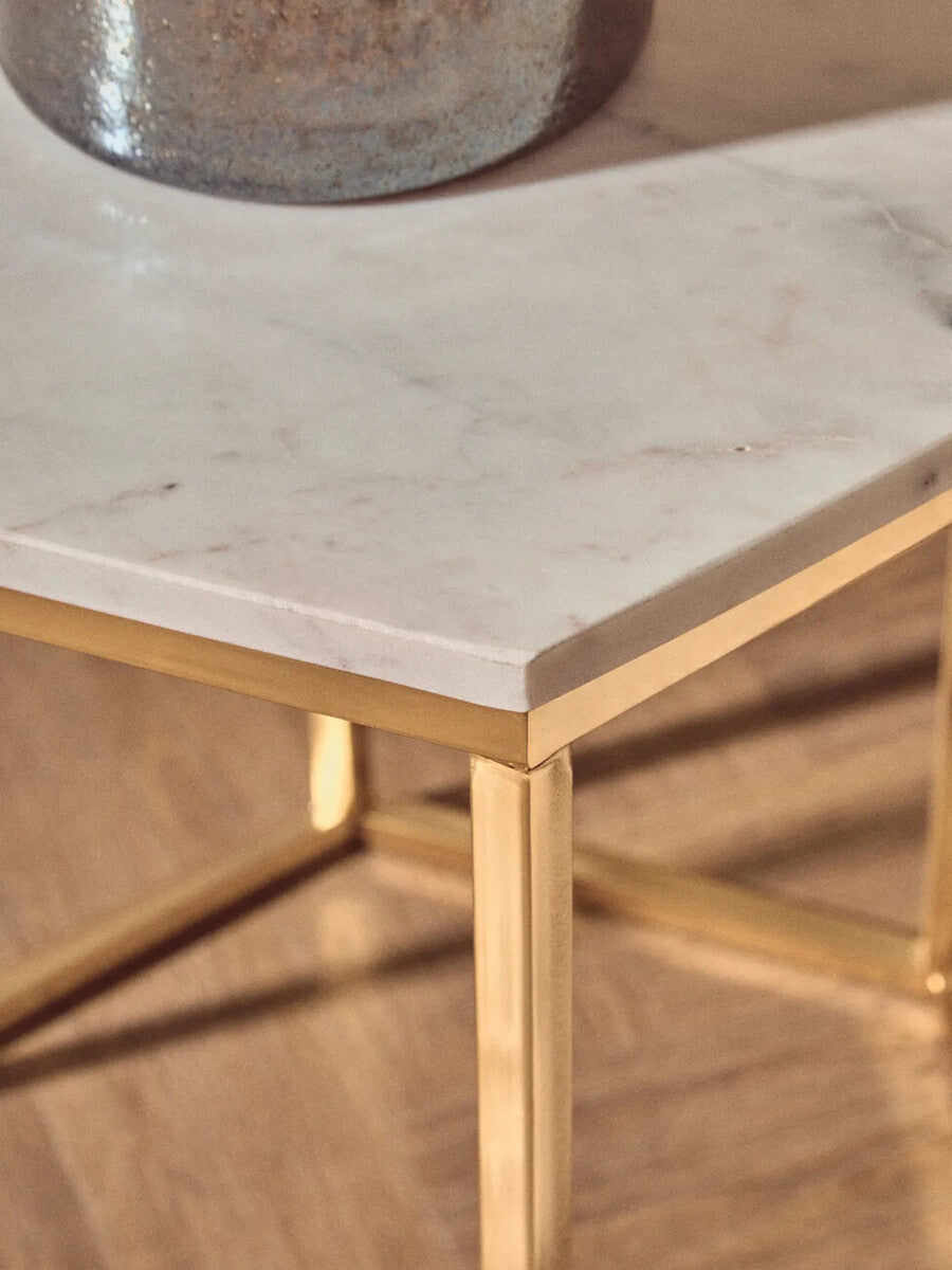 Orsina Templar Hexagonal Side Table – White Marble and Gold Metal