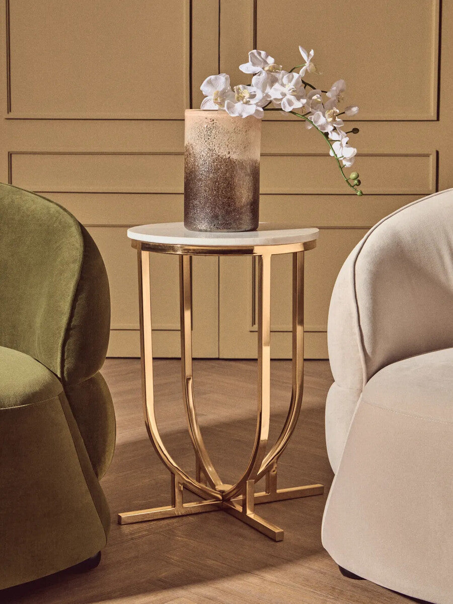 Orsina Templar Round Side Table – White Marble Top with Gold Frame