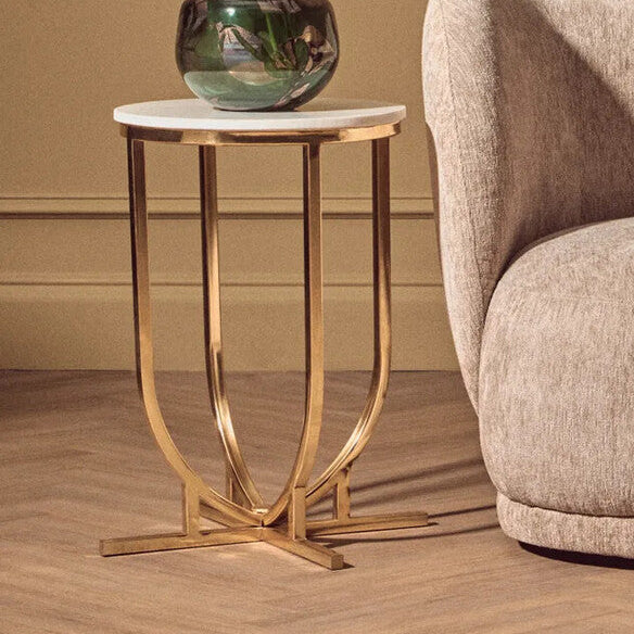 Orsina Templar Round Side Table – White Marble Top with Gold Frame