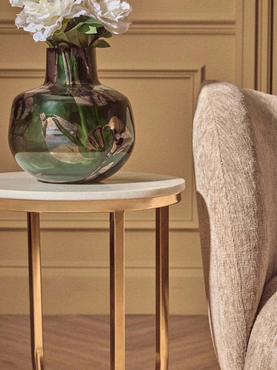 Orsina Templar Round Side Table – White Marble Top with Gold Frame