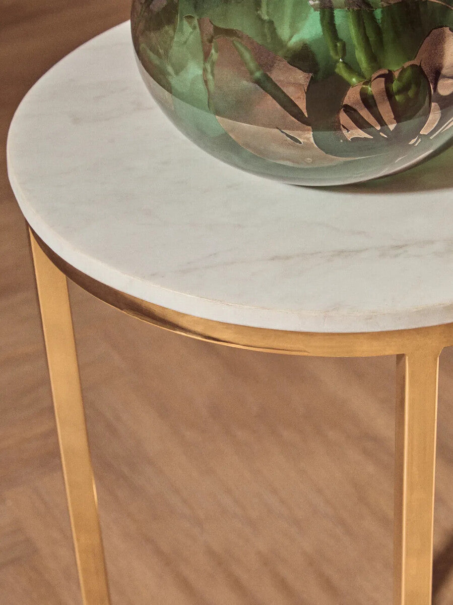 Orsina Templar Round Side Table – White Marble Top with Gold Frame