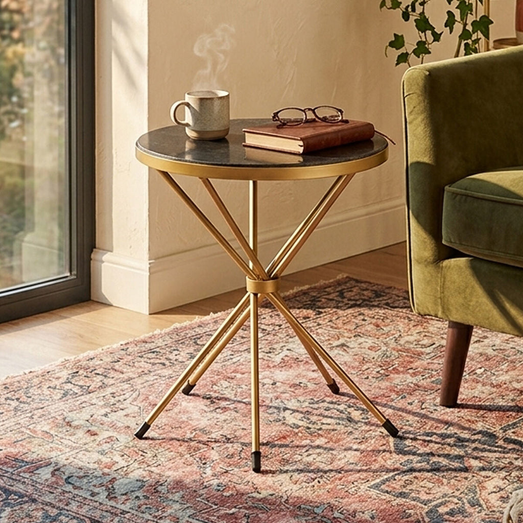 Orsina Black Marble Round Side Table – Gold Stainless Steel End Table
