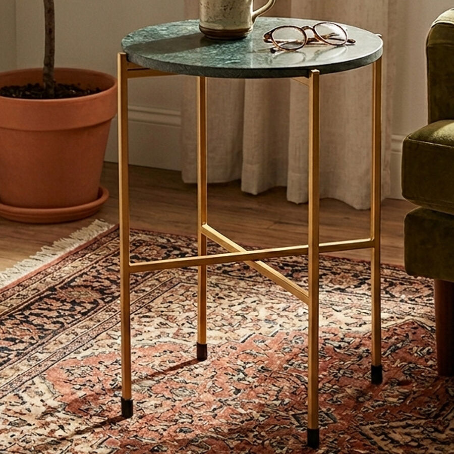 Orsina Green Marble Round Side Table – Gold Stainless Steel Base