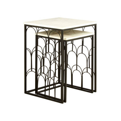 Orsina Templar White Marble Nesting Side Tables – Set of 2 Black Metal