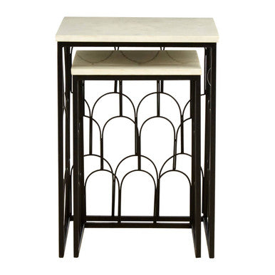 Orsina Templar White Marble Nesting Side Tables – Set of 2 Black Metal