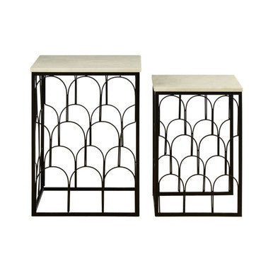 Orsina Templar White Marble Nesting Side Tables – Set of 2 Black Metal