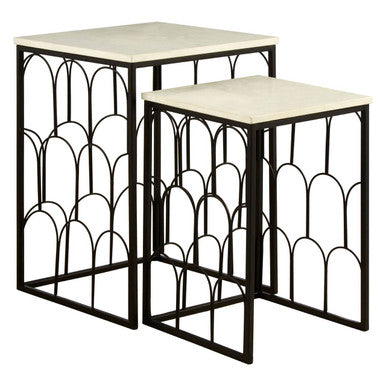 Orsina Templar White Marble Nesting Side Tables – Set of 2 Black Metal