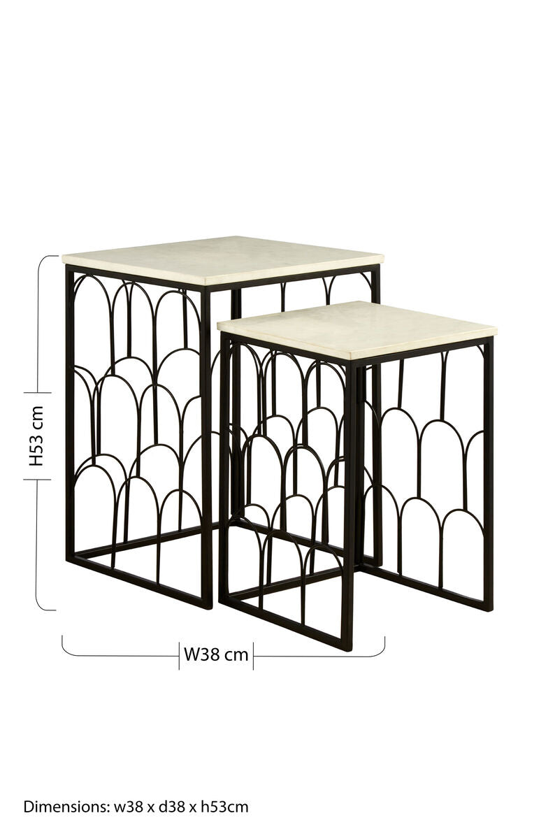 Orsina Templar White Marble Nesting Side Tables – Set of 2 Black Metal