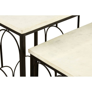 Orsina Templar White Marble Nesting Side Tables – Set of 2 Black Metal