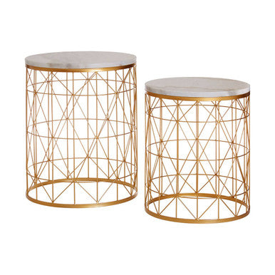 Orsina Avantis Set of 2 White Marble Round Side Tables with Gold Base