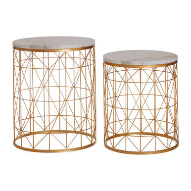 Orsina Avantis Set of 2 White Marble Round Side Tables with Gold Base