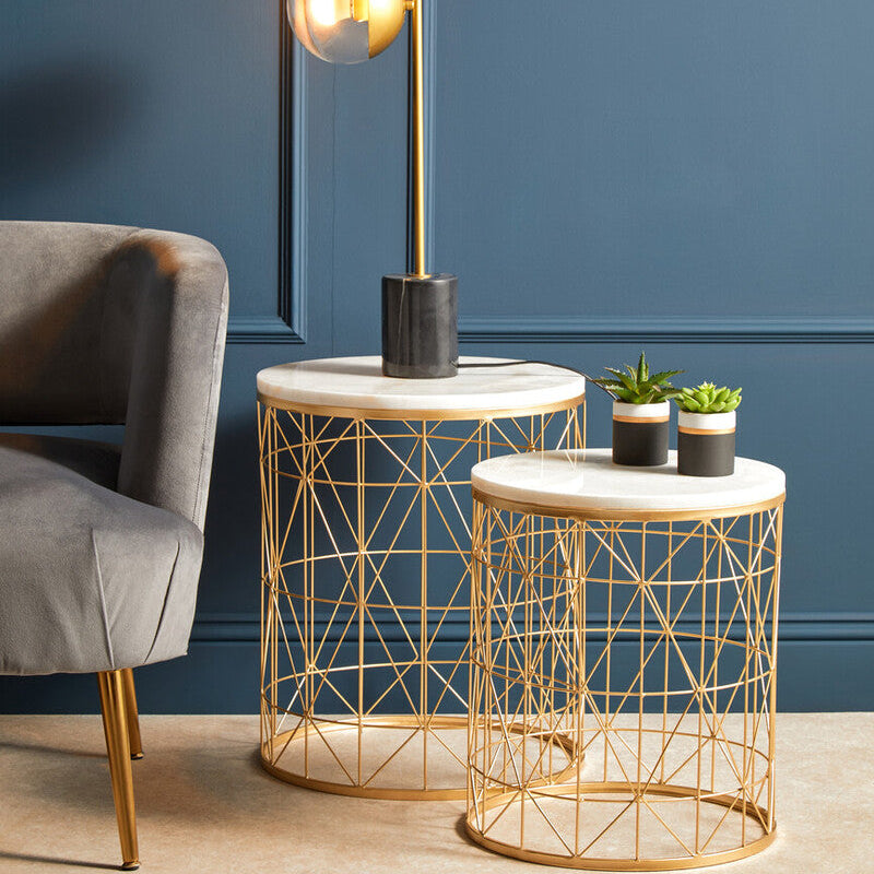 Orsina Avantis Set of 2 White Marble Round Side Tables with Gold Base