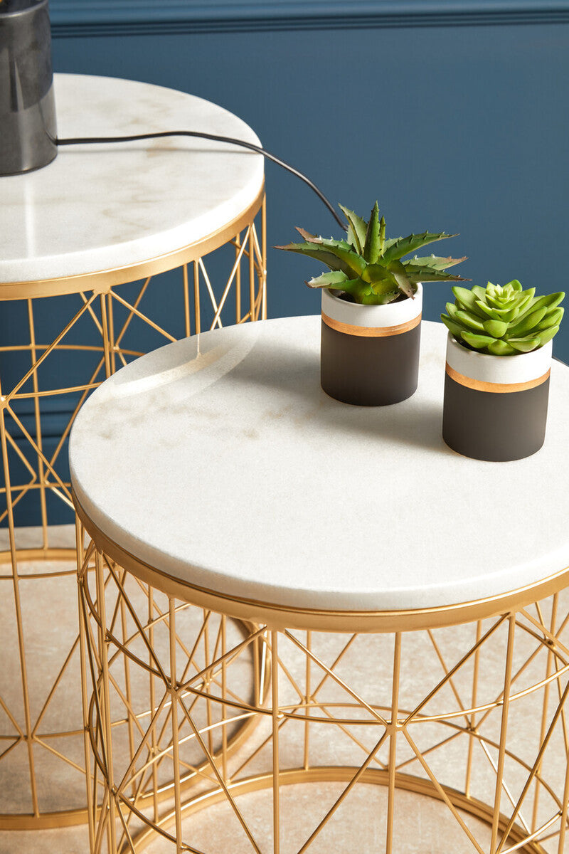 Orsina Avantis Set of 2 White Marble Round Side Tables with Gold Base