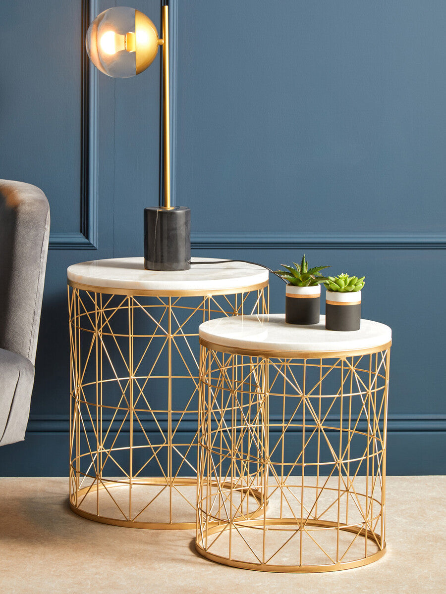 Orsina Avantis Set of 2 White Marble Round Side Tables with Gold Base