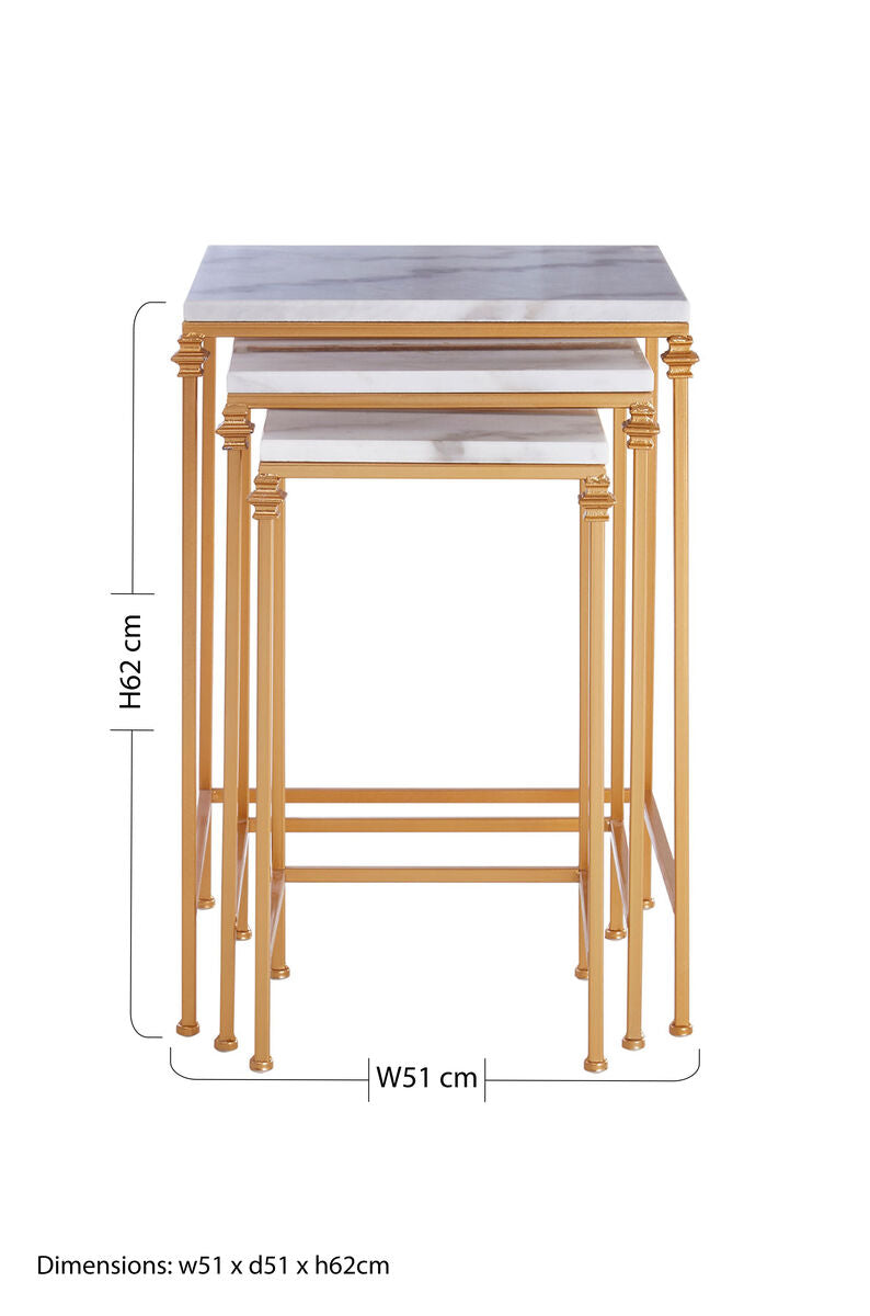 Orsina Avantis Square Nesting Side Tables - White Marble & Gold - Set of 3