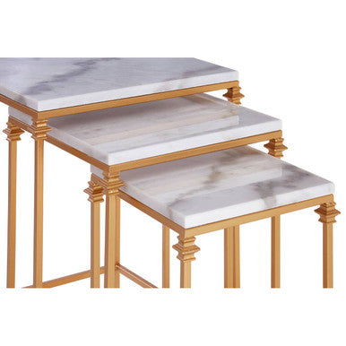 Orsina Avantis Square Nesting Side Tables - White Marble & Gold - Set of 3