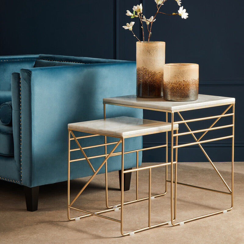 Orsina Avantis White Marble Nesting Tables – Set of 2 Square Side Tables