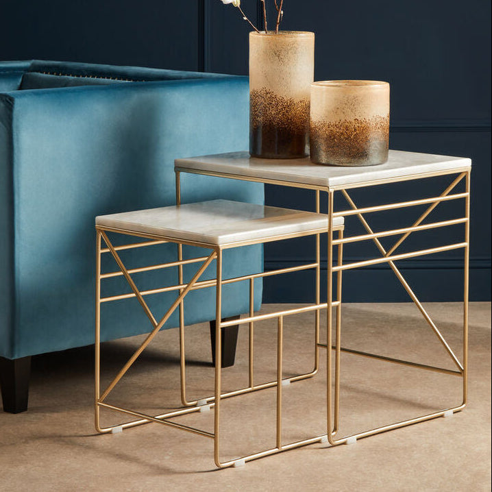Orsina Avantis White Marble Nesting Tables – Set of 2 Square Side Tables