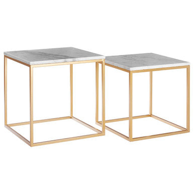 Orsina White Marble and Gold Square Nesting Side Tables – Set of 2