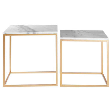 Orsina White Marble and Gold Square Nesting Side Tables – Set of 2