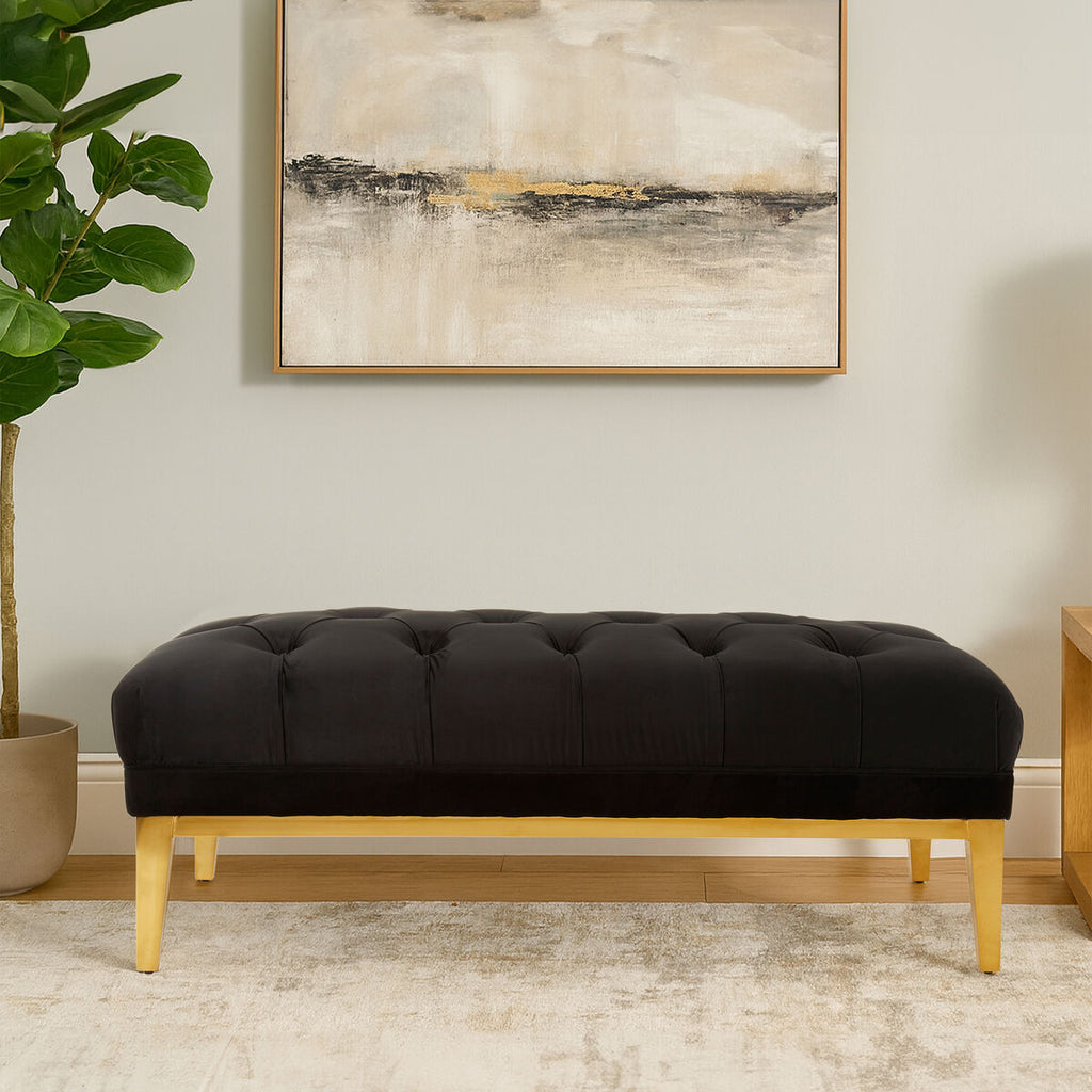 Orsina Piermount Black Velvet Tufted Bench with Polished Gold Base