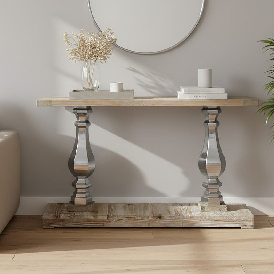 Orsina Richmond Pine Wood Console Table – Carved Silver Pillars