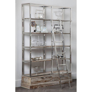 Orsina Richmond Shelving Unit with Ladder – Whitewashed Pine & Silver