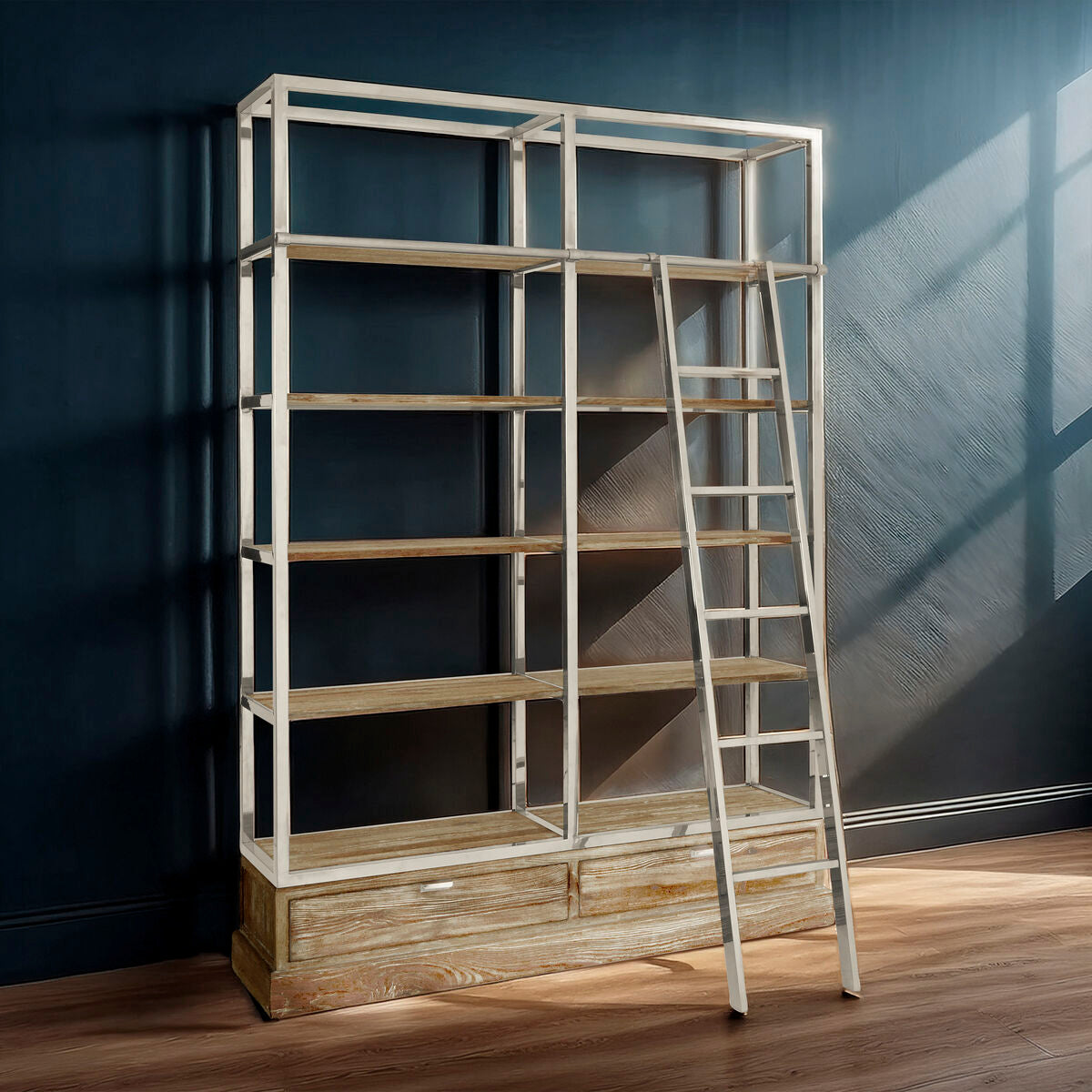 Orsina Richmond Shelving Unit with Ladder – Whitewashed Pine & Silver
