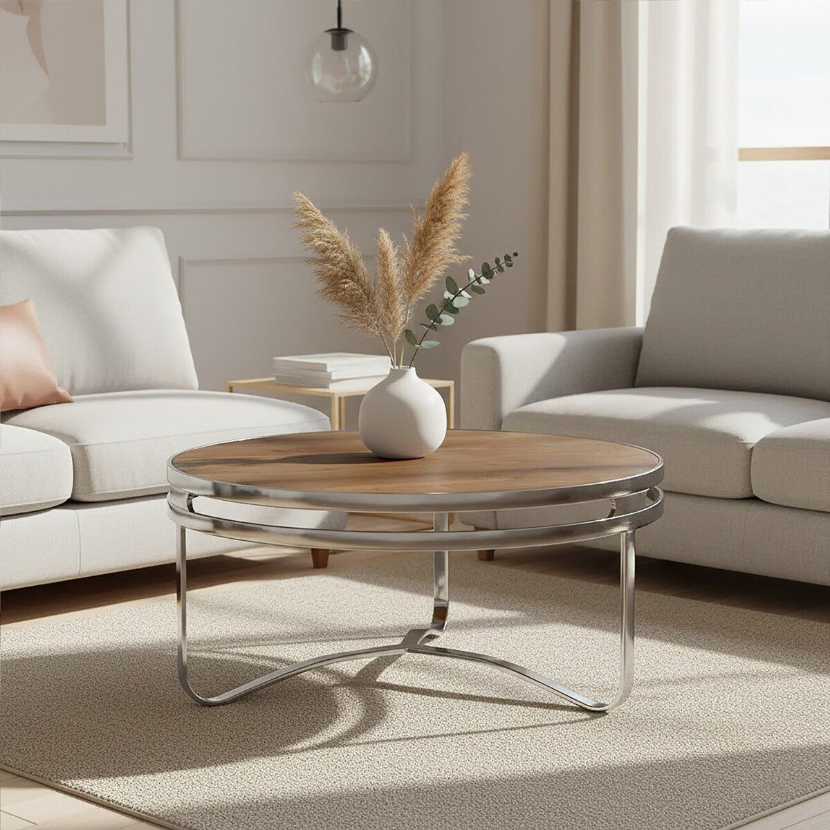 Orsina Richmond Round Coffee Table – Natural Pine and Silver Metal