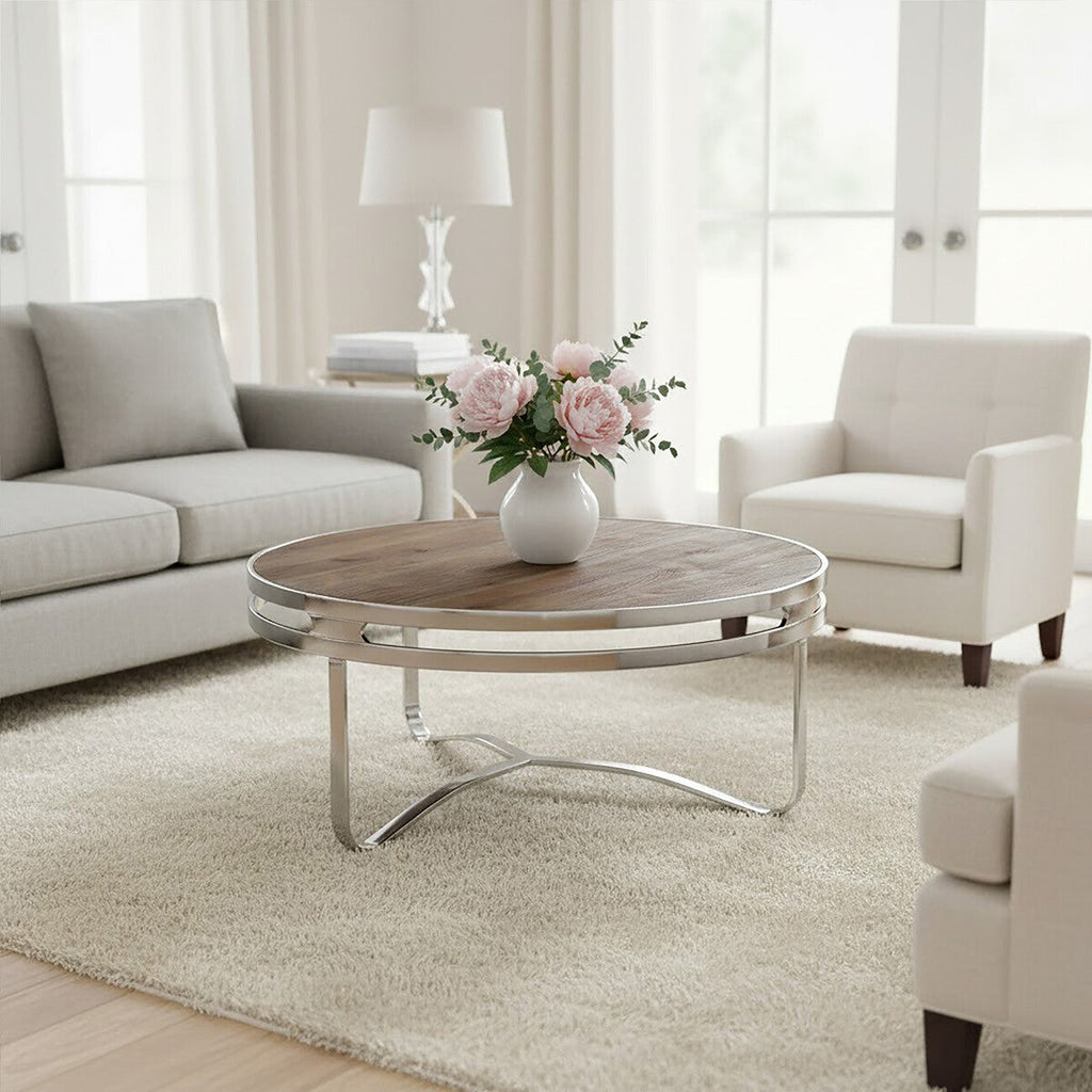 Orsina Richmond Round Coffee Table – Natural Pine and Silver Metal