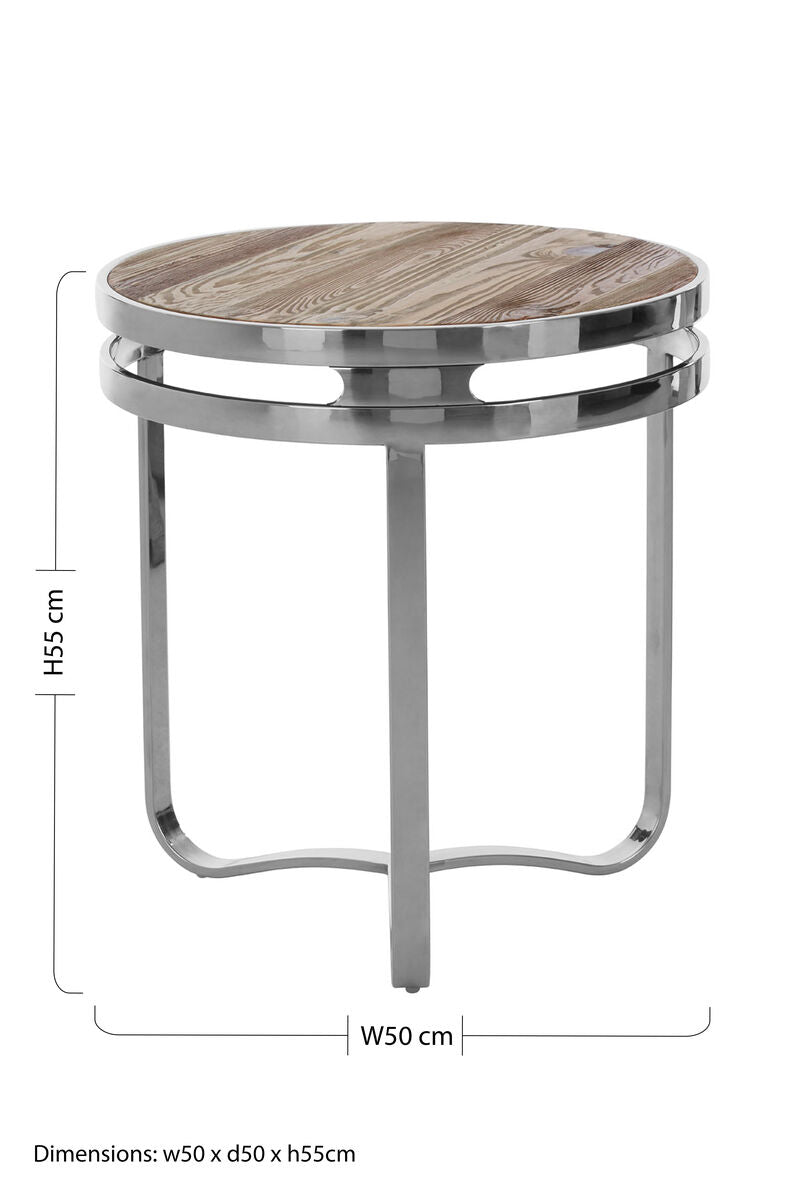 Orsina Richmond Round Side Table – Natural Pine Wood & Silver Metal