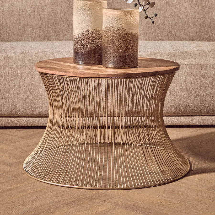 Orsina Templar Coffee Table – Wood Top with Gold Hourglass Base
