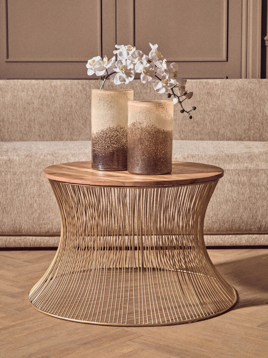 Orsina Templar Coffee Table – Wood Top with Gold Hourglass Base