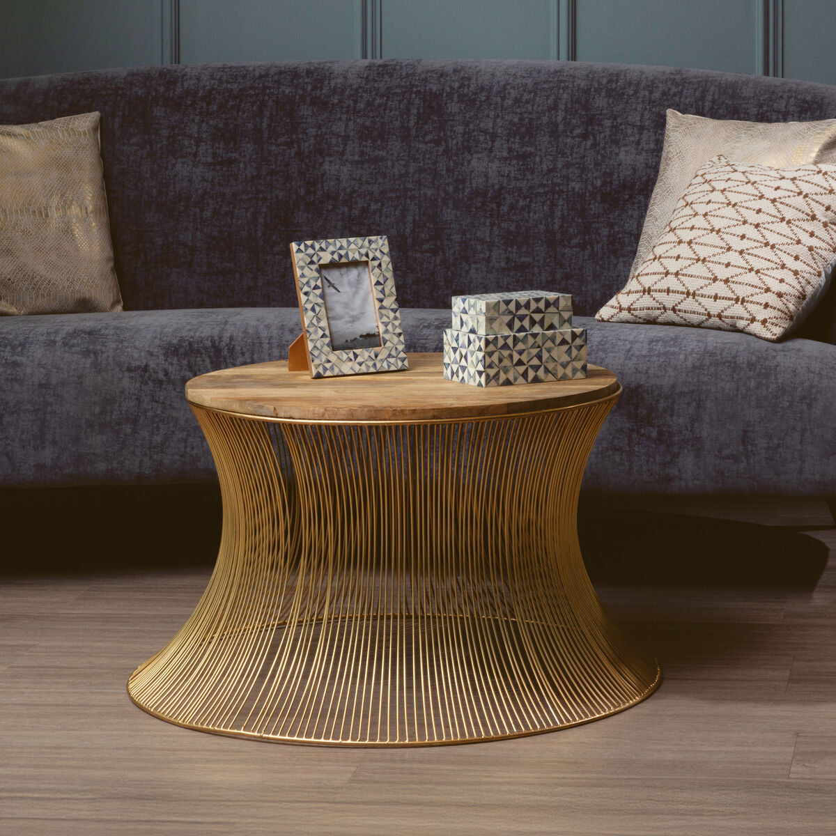 Orsina Templar Coffee Table – Wood Top with Gold Hourglass Base