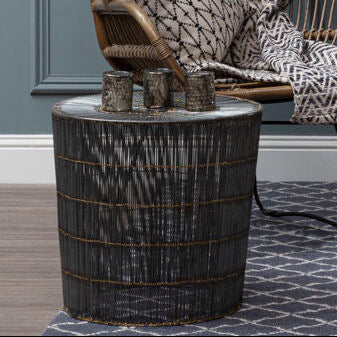 Orsina Templar Drum Side Table – Silver Iron Wire with Gold Accents
