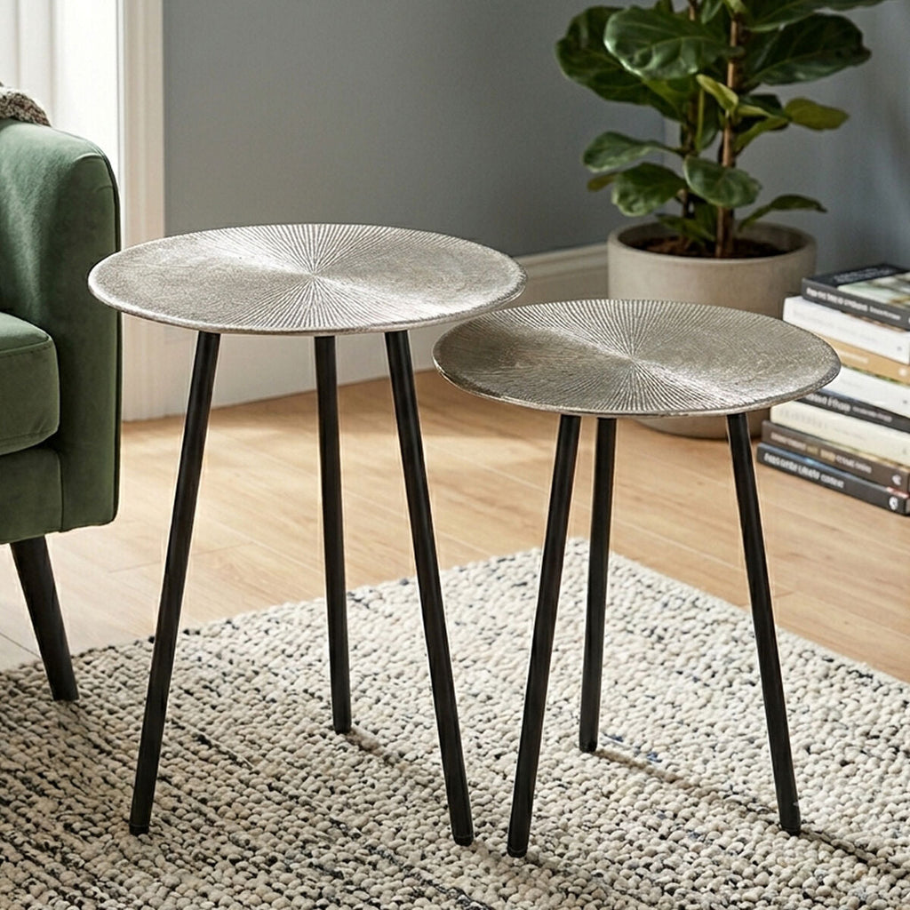 Orsina Templar Round Metal Side Tables – Set of 2 Nickel & Black Iron