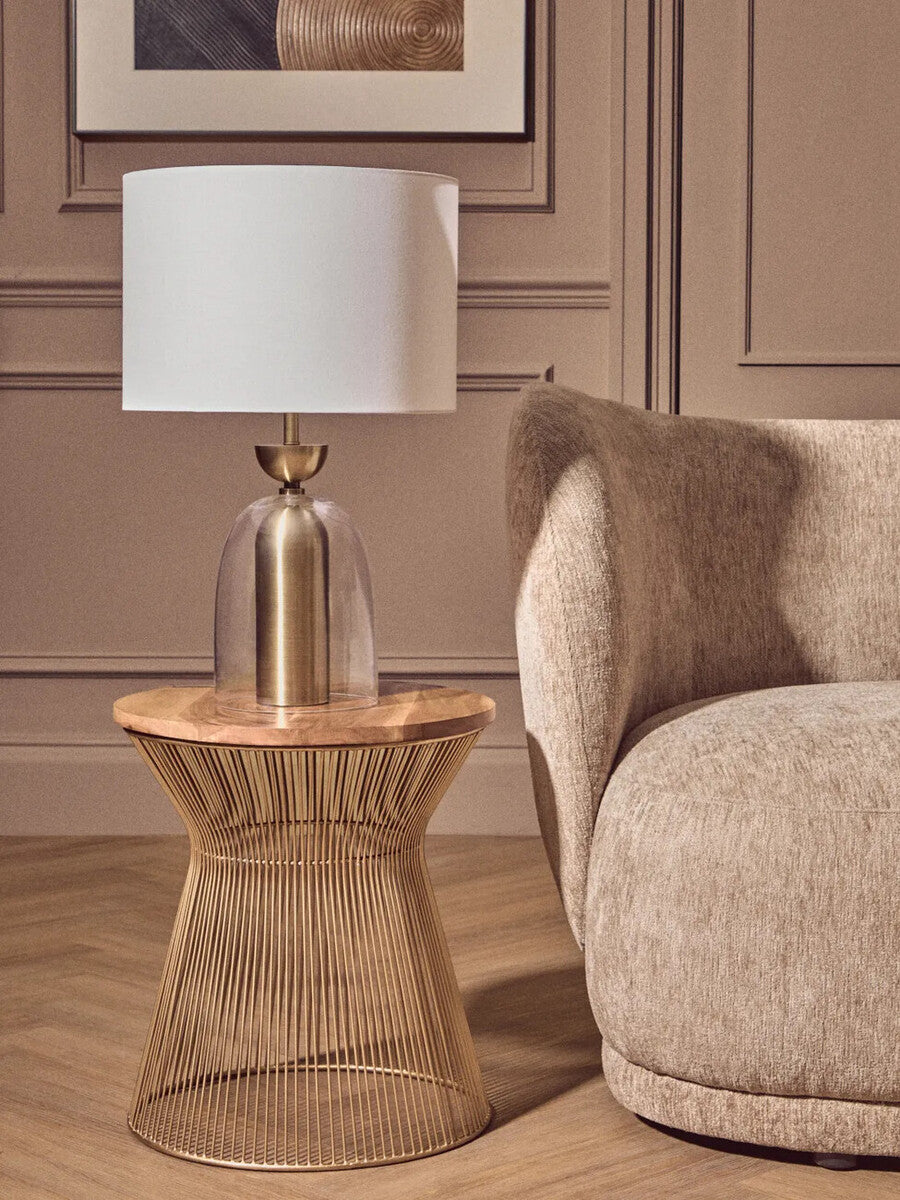 Orsina Small Coffee Table – Natural Wood Top with Gold Hourglass Base